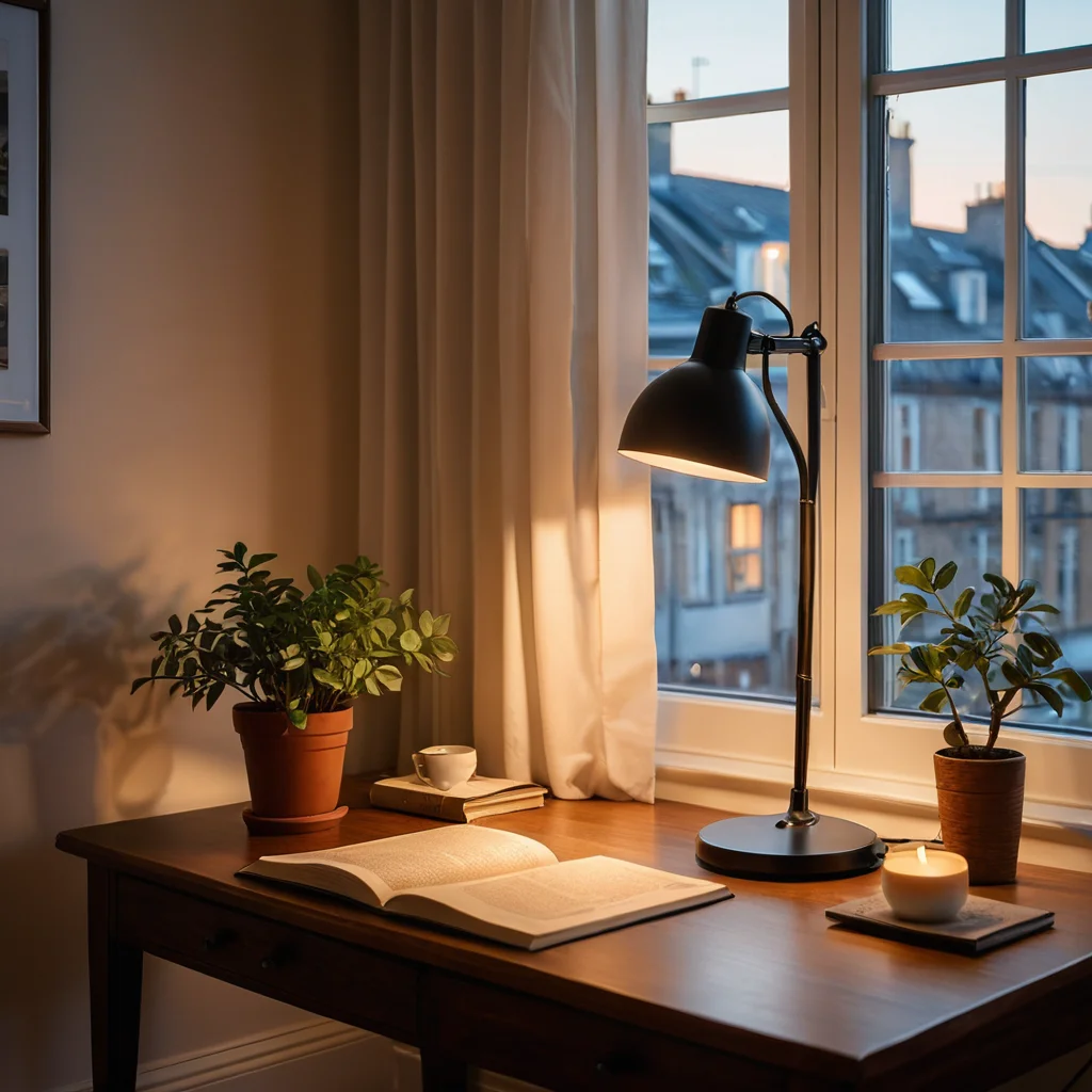 Рабочее пространство кабинета, освещенное естественным солнечным светом и мягким светом настольной лампы, создающее идеальные условия для продуктивной работы и генерации идей.