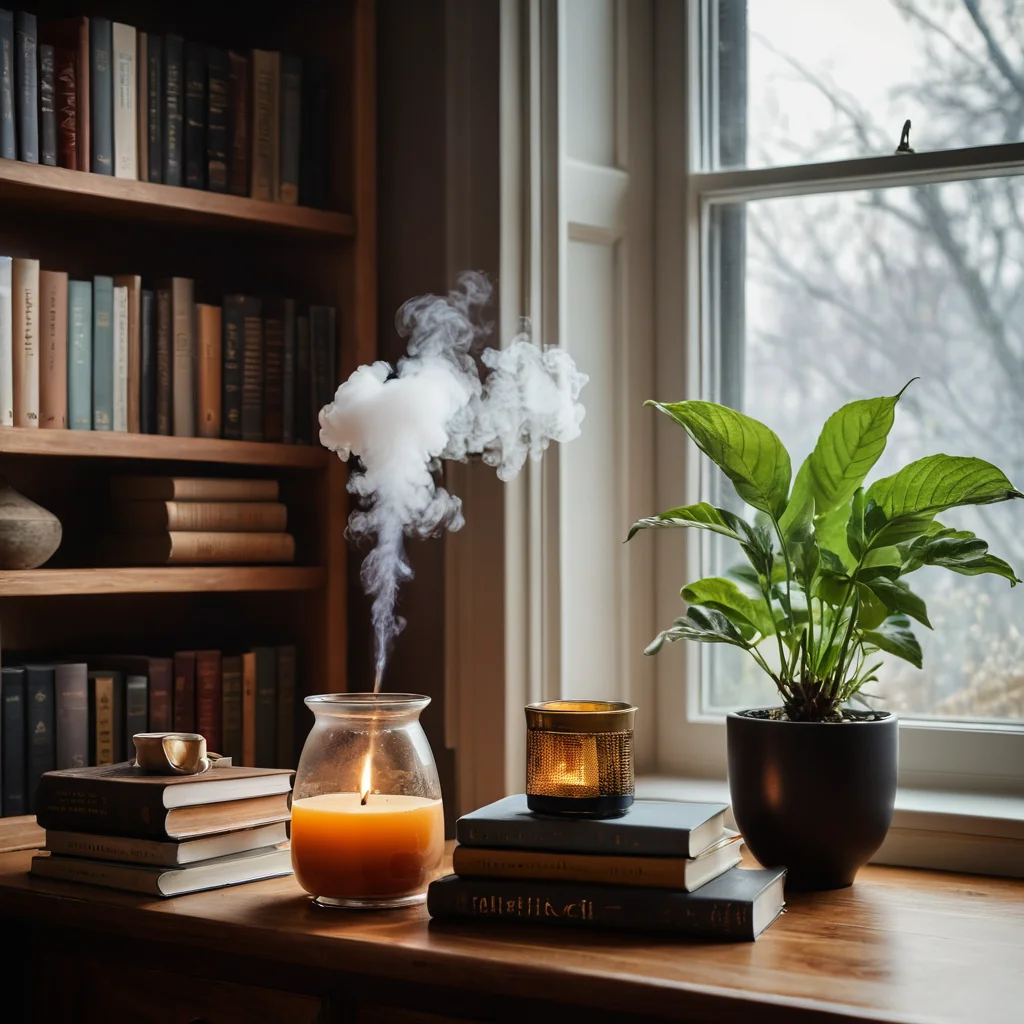 Уютный уголок с диффузором эфирных масел, испускающим пар, стопкой книг и чашкой травяного чая, создающий расслабляющий ароматный фон для полного умиротворения.