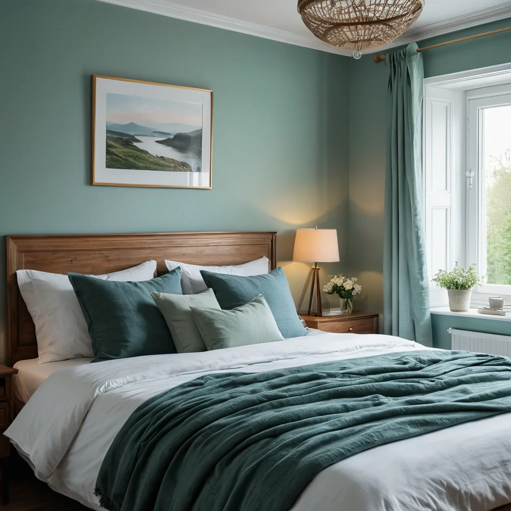 Спальня в успокаивающих синих и зеленых тонах с мягким постельным бельем и рассеянным светом, демонстрирующая мирную цветовую палитру для восстановления и спокойствия.