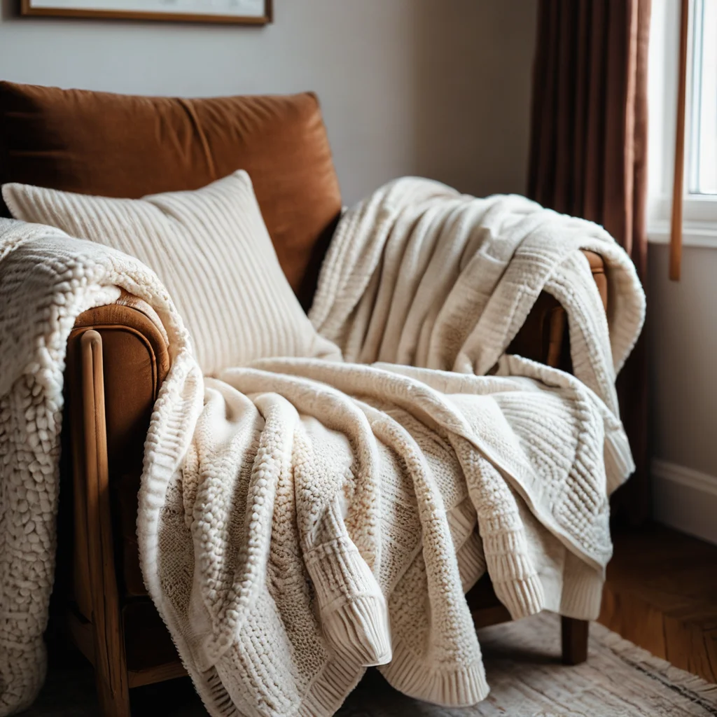 Макросъемка плюшевого бархатного кресла с накинутым мягким вязаным пледом и акцентами из натурального дерева, подчеркивающая тактильные текстуры и создающая атмосферу уюта и сенсорного комфорта.