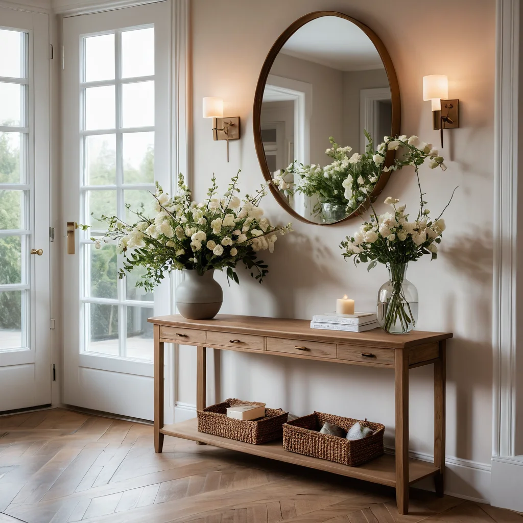 Элегантная прихожая с мягким освещением, консольным столиком, вазой с цветами и минималистичным декором, создающая приветливую атмосферу и задающая тон вечернему отдыху.