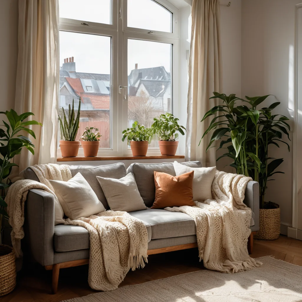 Уютная гостиная, залитая солнечным светом, с комфортным диваном, укутанным в плед, и множеством растений, создающая атмосферу психологического комфорта и ощущения дома как убежища.