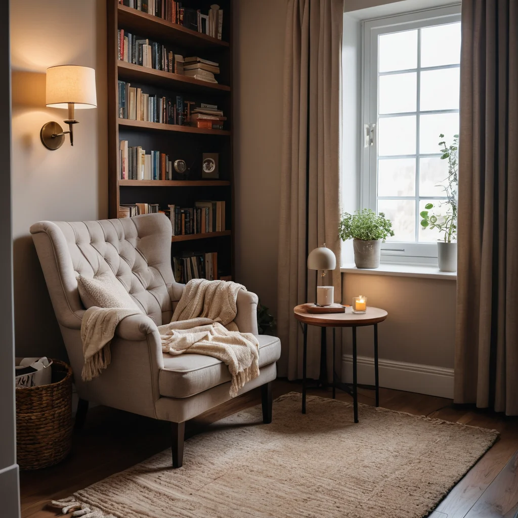 Укромный уголок для чтения с удобным креслом, небольшим боковым столиком и мягким ковром под приглушенным освещением, демонстрирующий зонирование пространства для уединения и отдыха.