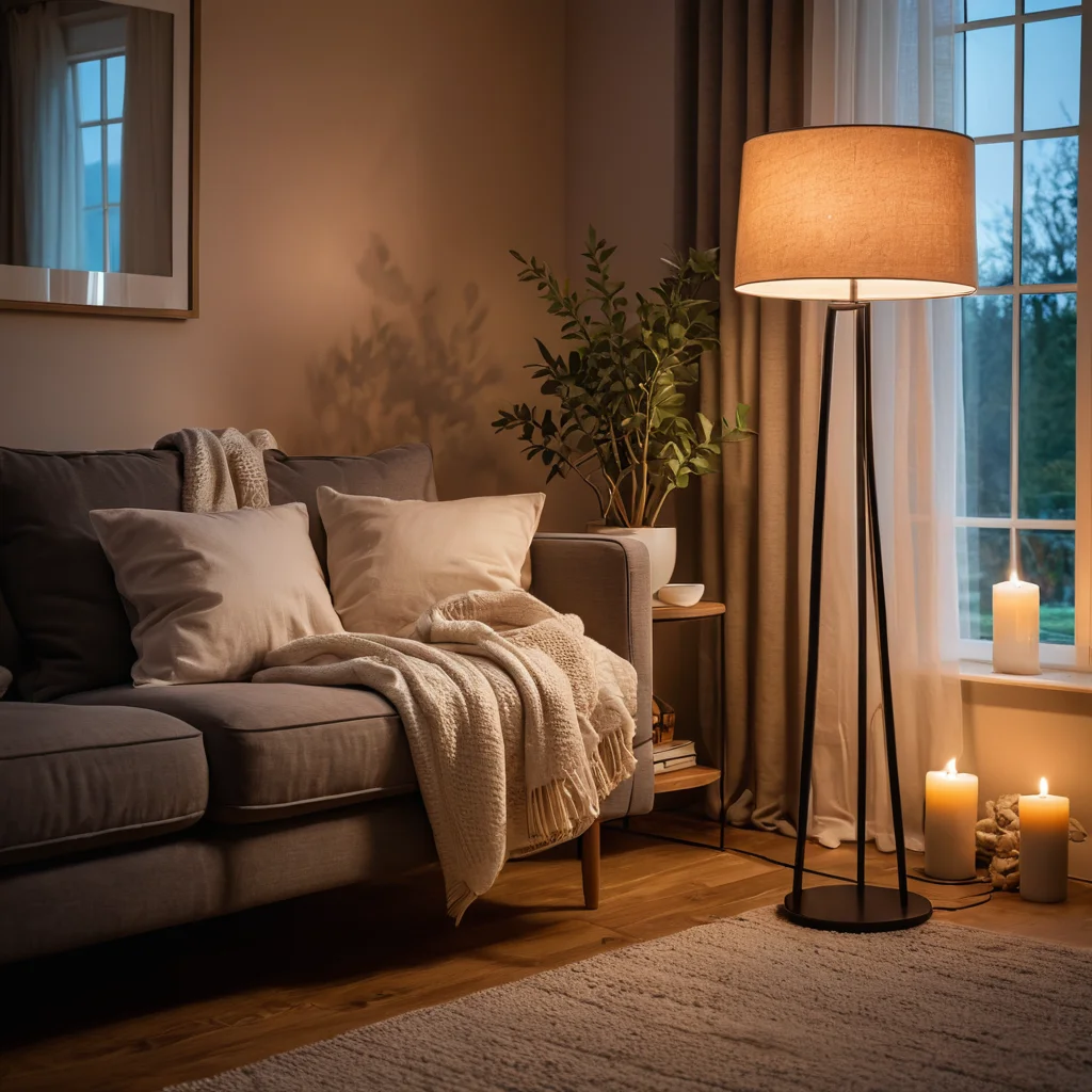 Гостиная в сумерках с приглушенным напольным светильником и мерцающими свечами, создающая теплый, рассеянный свет, переходящий от яркого дня к мягким сумеркам для релаксации.