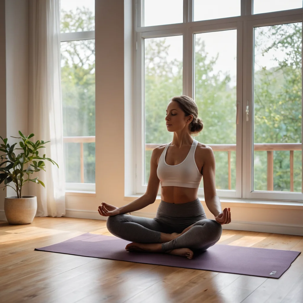 Человек, мирно медитирующий на коврике для йоги у окна в мягком свете, с минималистичным декором, олицетворяющий вечерний ритуал и интеграцию расслабляющей атмосферы в повседневную жизнь.