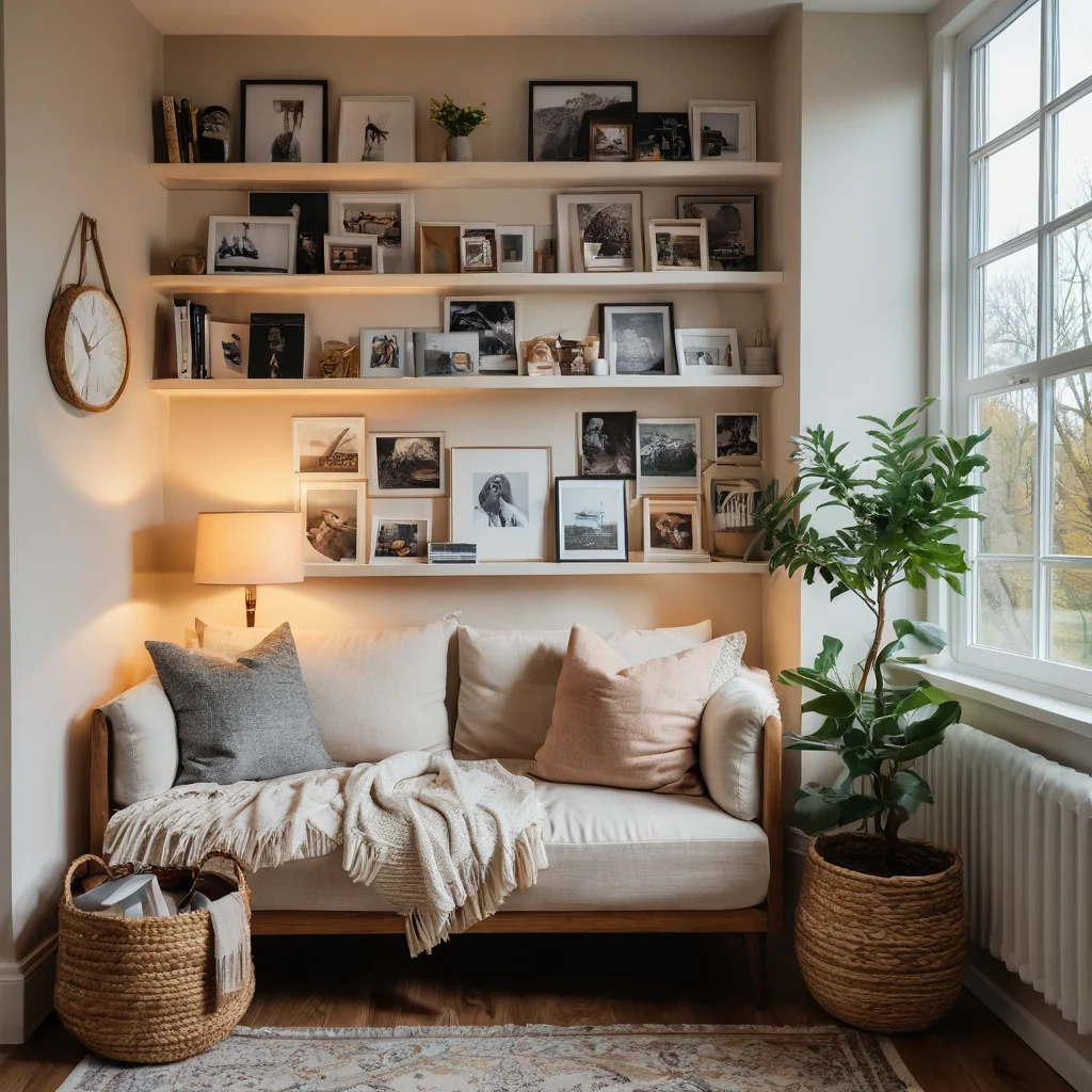 Уютный уголок для чтения с стеной воспоминаний как центральным элементом, гармонично вписанной в интерьер и дополняющей атмосферу дома.