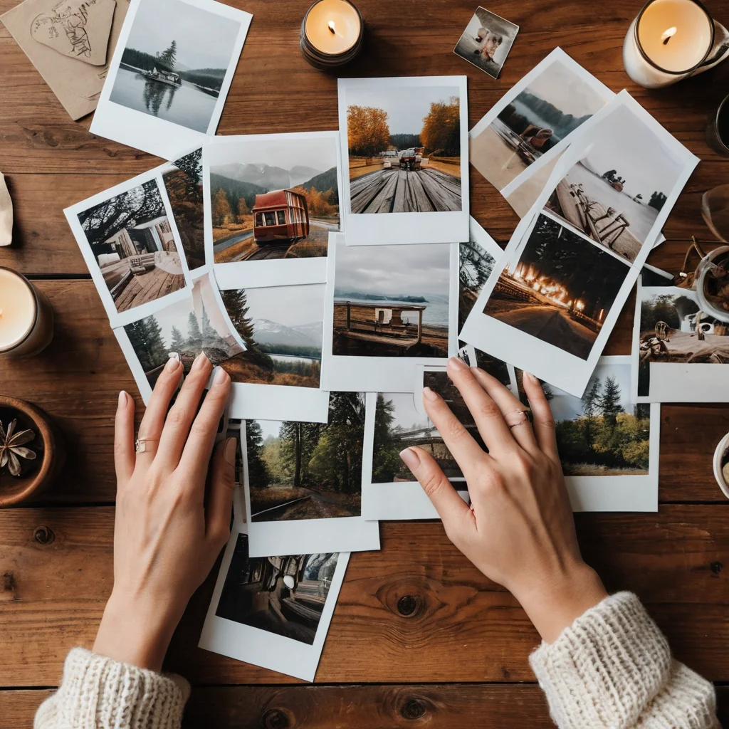 Крупный план рук, раскладывающих фотографии, открытки и мелкие предметы на деревянной поверхности, демонстрирующий процесс создания композиции для стены воспоминаний.