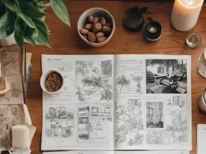 Человек, набрасывающий план стены воспоминаний на бумаге в окружении собранных предметов, символизирующий практические шаги и процесс создания.