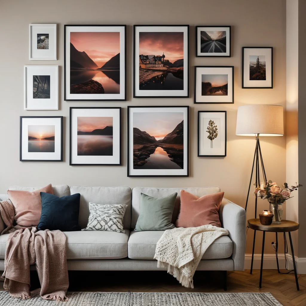 Эклектичная галерейная стена с смешанными фоторамками, объединенная цветовой палитрой и акцентным освещением, создающая визуальную гармонию.