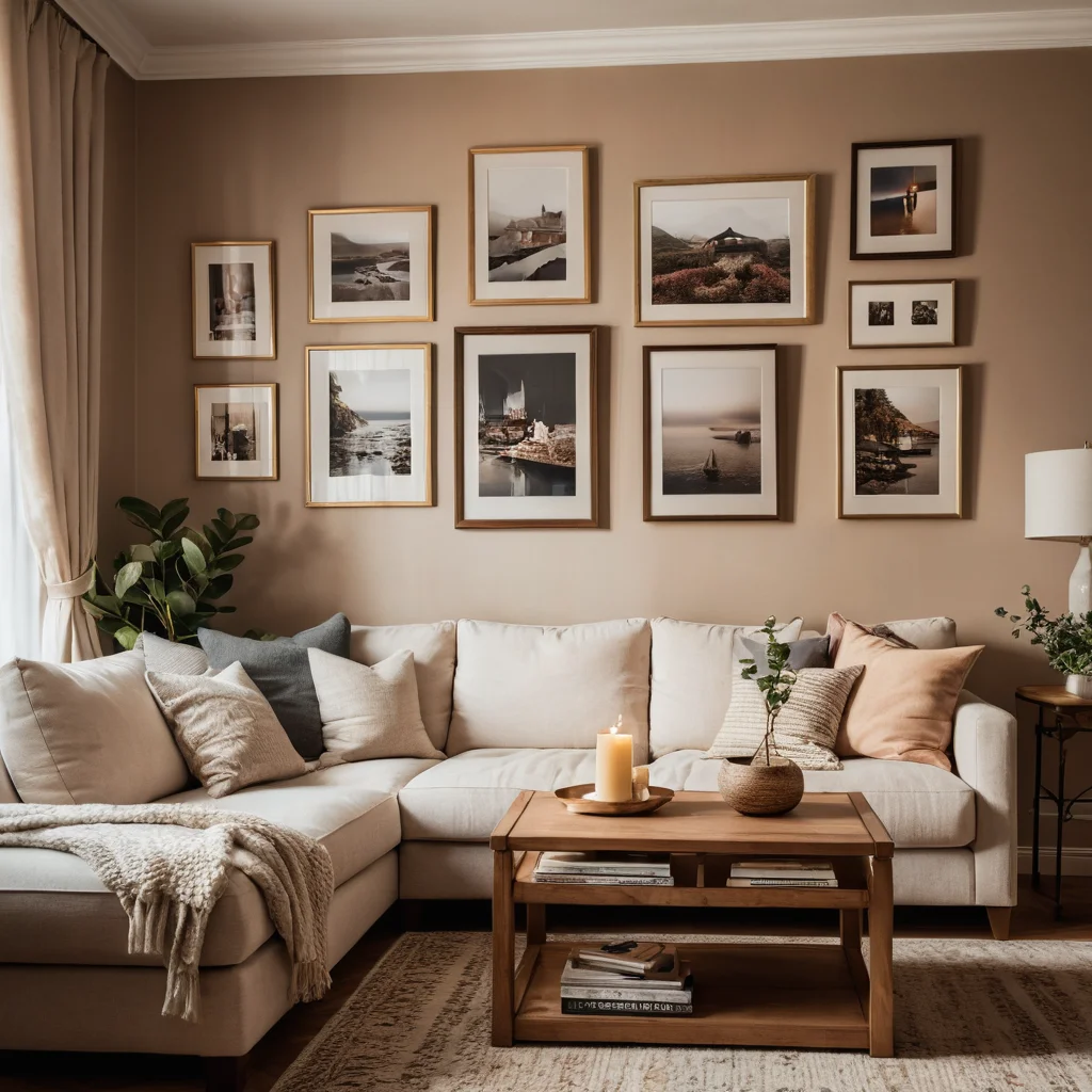 Уютная гостиная с стеной, украшенной рамками с фотографиями и памятными сувенирами, создающими атмосферу ностальгии и личной истории.