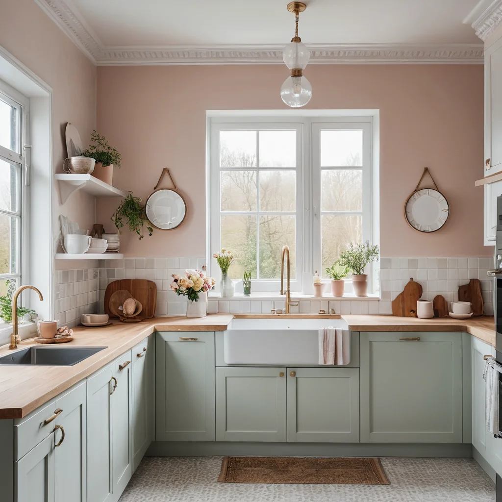 Современная кухня в мягких пастельных тонах с использованием гипоаллергенной краски и обоев, создающая спокойную и 'цветущую' атмосферу. Пространство наполнено воздухом.