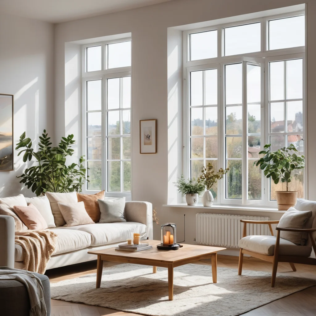 Просторная и светлая гостиная с большими окнами, обеспечивающими естественную вентиляцию и обилие мягкого света. Освещение и циркуляция воздуха — основа гипоаллергенного интерьера.