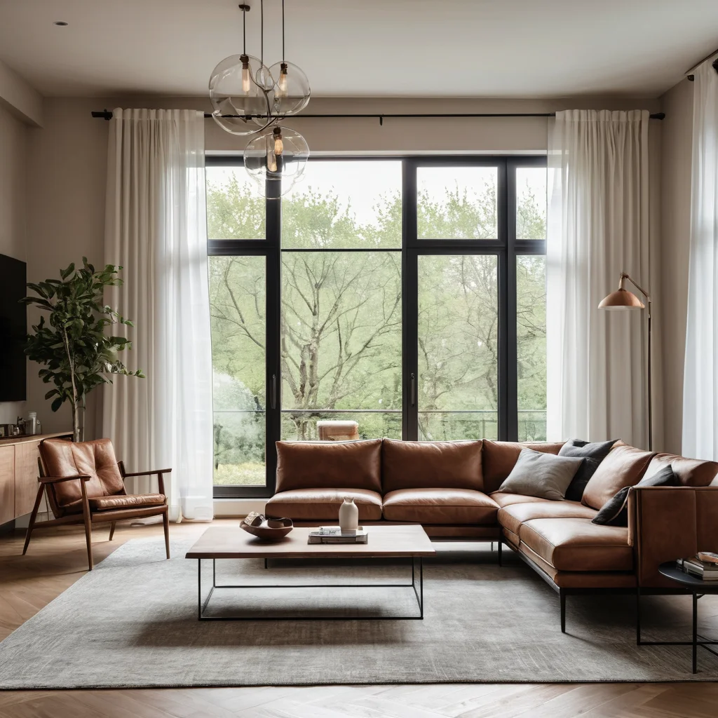 Современная минималистичная мебель из массива дерева и металла в гостиной, с кожаной обивкой, разработанная для минимизации скопления пыли и создания здорового жилого пространства.