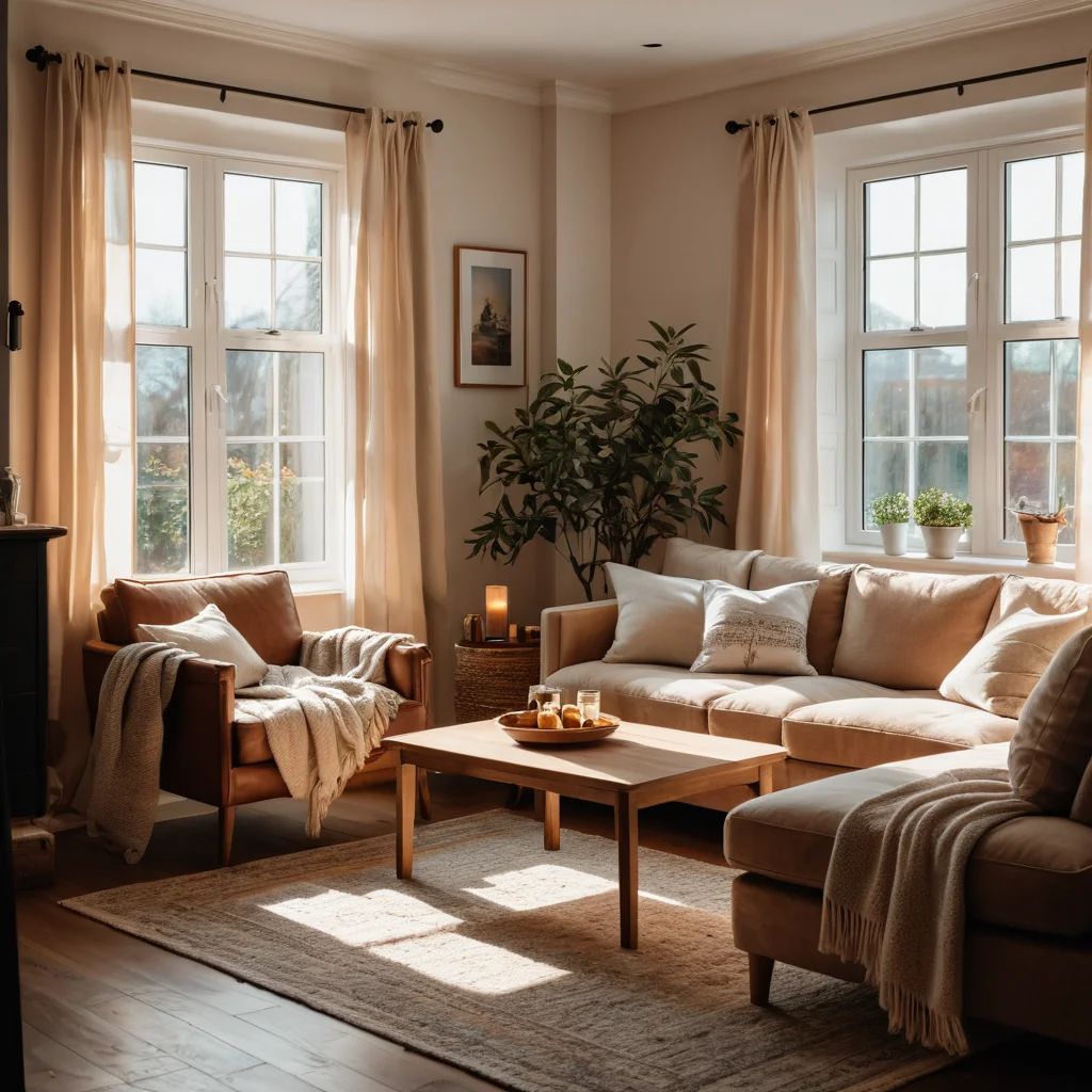 Уютная гостиная, залитая солнечным светом, создающая атмосферу психологического комфорта и безопасности, несмотря на аллергию. Интерьер символизирует дом без компромиссов.