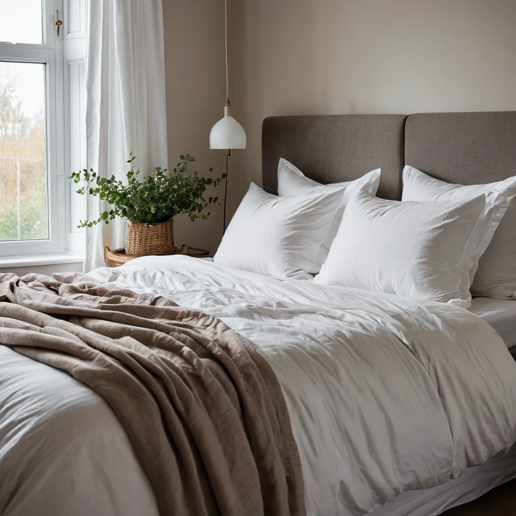 Крупный план постельного белья из органического хлопка и льна в спальне, демонстрирующий 'дышащие' гипоаллергенные текстуры, создающие уют и комфорт.