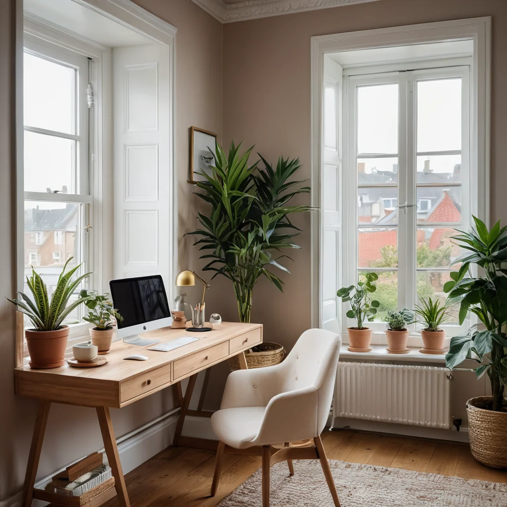 Спокойная домашняя обстановка, где организованное рабочее место с растениями и естественным освещением отражает интеграцию гипоаллергенного уюта в повседневную жизнь, делая дом 'крепостью'.