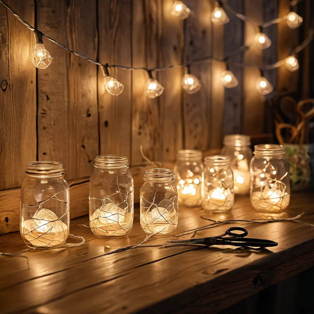 Материалы для создания самодельных гирлянд: бумага, ножницы, клей, лампочки, винтажные банки на деревянном столе, демонстрация творческого процесса, фотореалистичное изображение.
