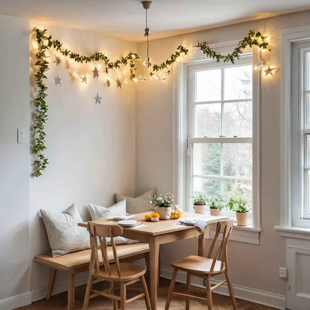 Уютный уголок кухни с гирляндой из бумажных звезд над небольшим столиком, светлая и располагающая атмосфера, универсальное решение для декора, фотореалистичное изображение.