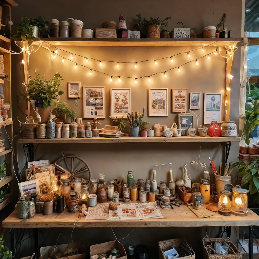 Развал с недорогими гирляндами и материалами для творчества на блошином рынке, разнообразный выбор, поиск бюджетных решений для декора, фотореалистичное изображение.