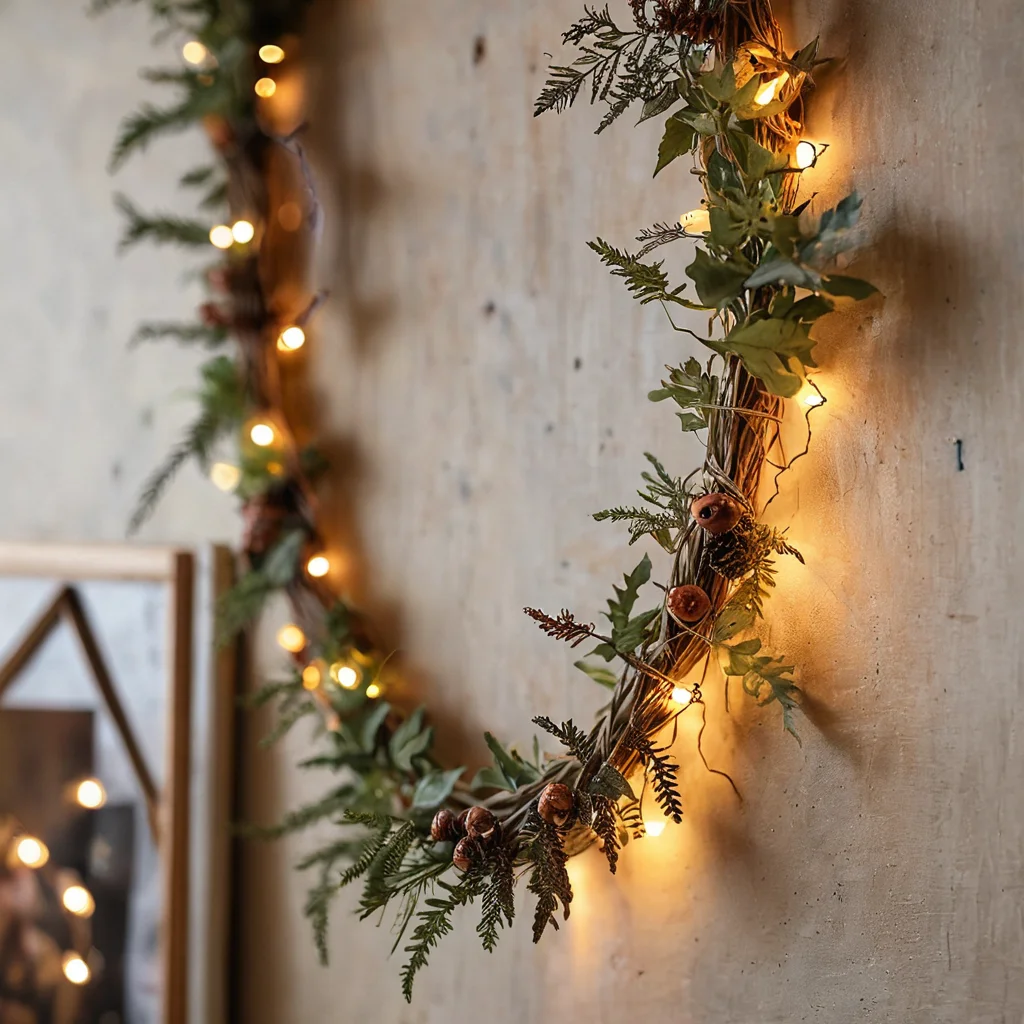 Руки человека, создающего авторскую гирлянду из натуральных материалов: сушеные листья, бечевка, маленькие светодиодные лампочки, крупный план, демонстрация пошагового процесса, фотореалистичное изображение.