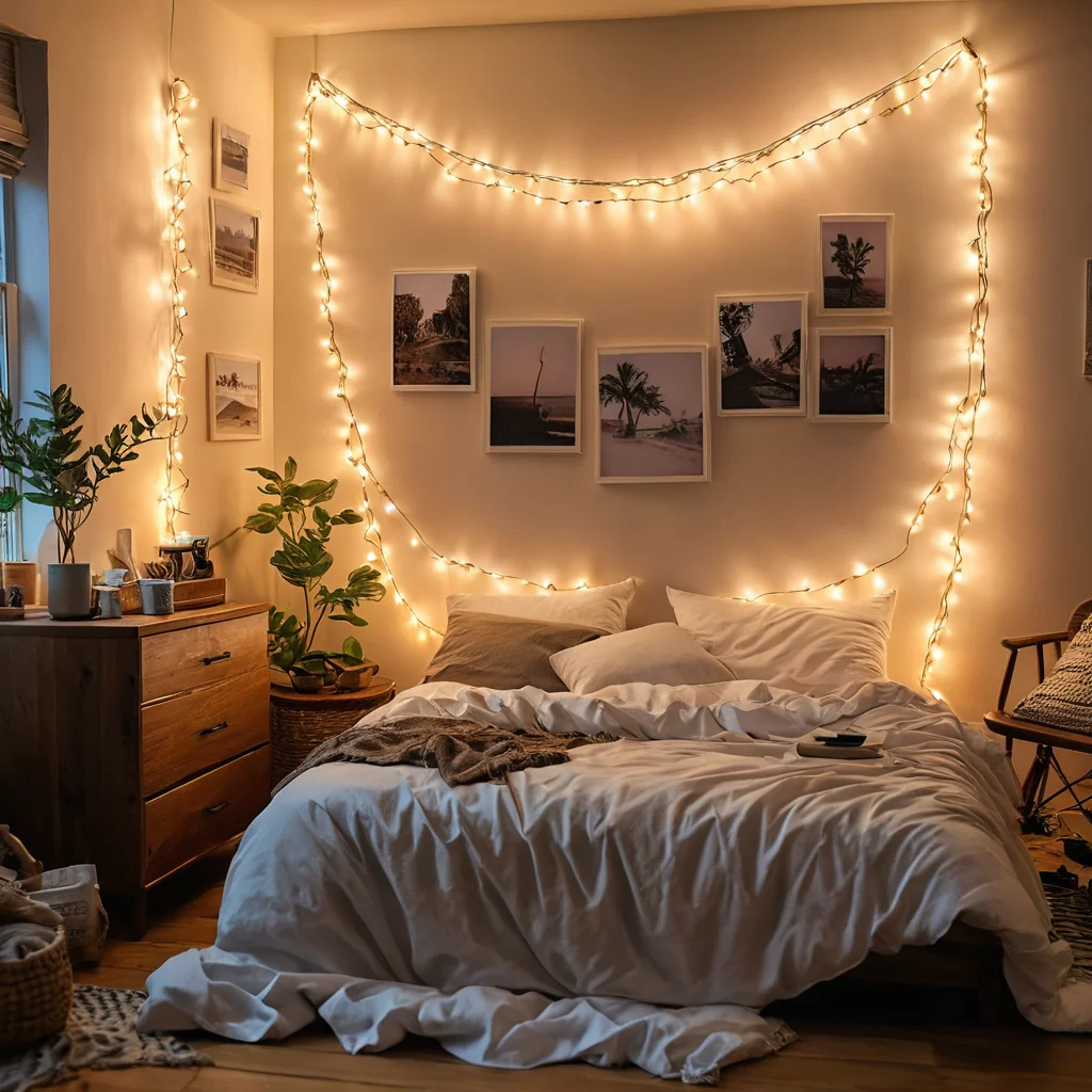 Неудачное декорирование гирляндами: спутанные провода, слишком яркий свет, неуместное расположение, создающее эффект беспорядка и дискомфорта, фотореалистичное изображение.