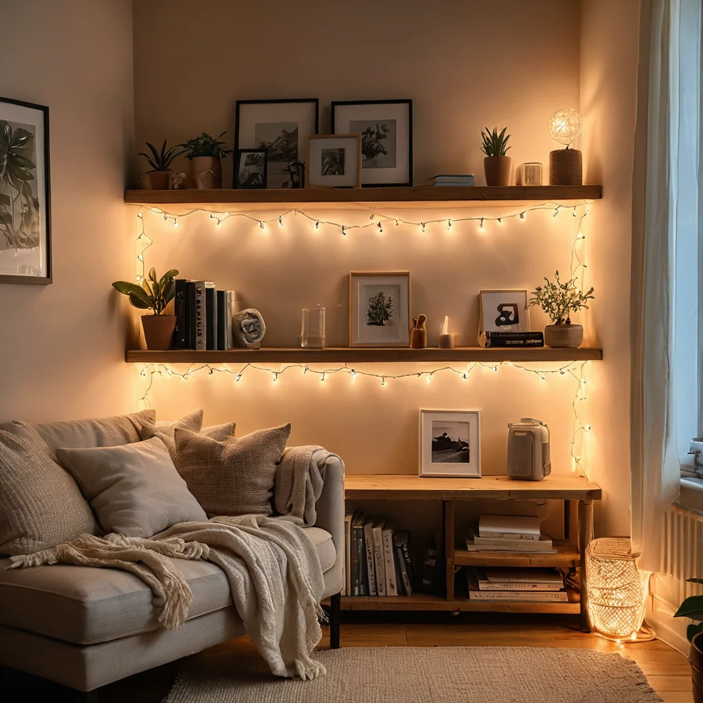 Уютный уголок гостиной с гирляндами, мягкое освещение, создающее атмосферу тепла и спокойствия, фотореалистичное изображение.