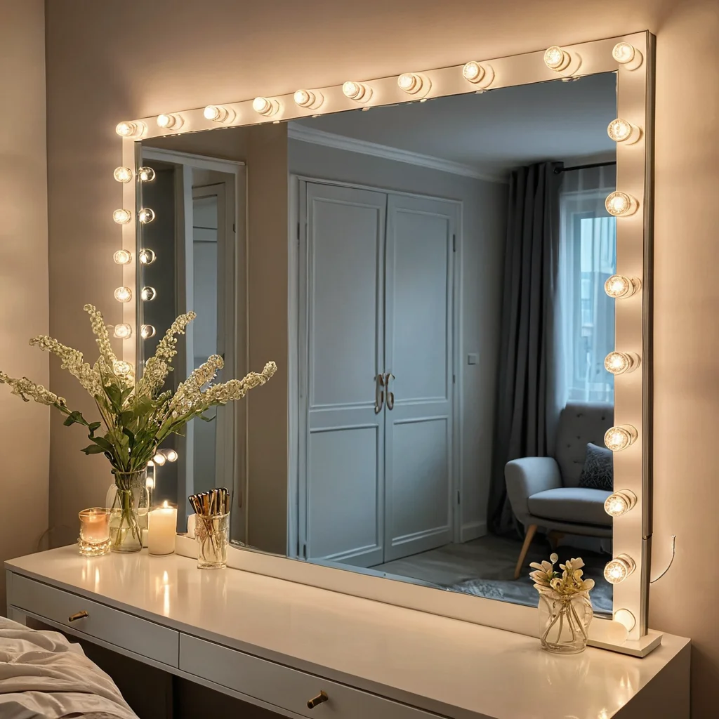 Элегантное оформление спальни: минималистичные гирлянды, акцентирующие зеркало, изысканная атмосфера, современный дизайн интерьера, стильное решение, фотореалистичное изображение.