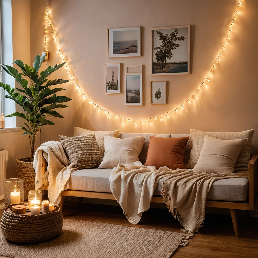 Теплая и уютная гостиная, создающая волшебную атмосферу с помощью многослойных гирлянд и текстиля, финальные штрихи декора, воплощение домашнего уюта, фотореалистичное изображение.