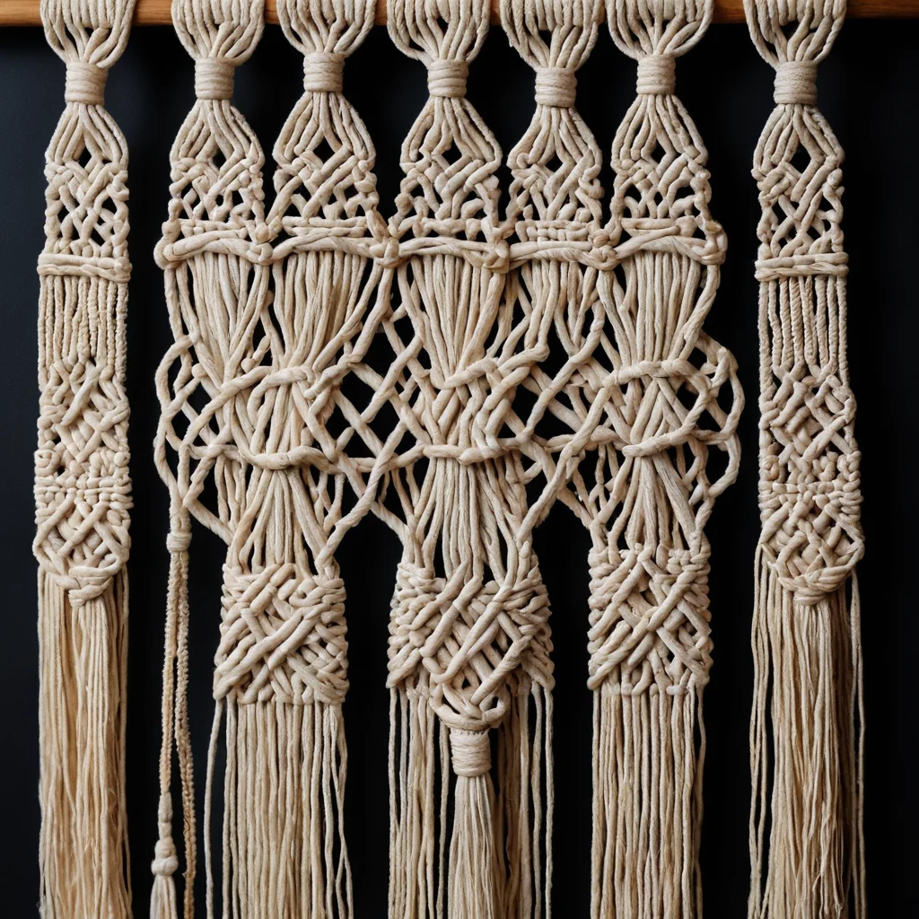 Изображение старинного макраме-панно, демонстрирующее сложные узелковые плетения и элементы традиционного искусства, с акцентом на историческое наследие узелкового плетения и его культурную значимость.