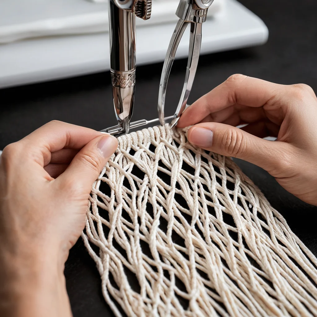 Руки мастера выполняют финишную обработку макраме-панно: аккуратное подравнивание бахромы острыми ножницами, расчесывание нитей и придание изделию идеальной формы, демонстрируя профессиональные секреты для достижения безупречного внешнего вида макраме-панно.