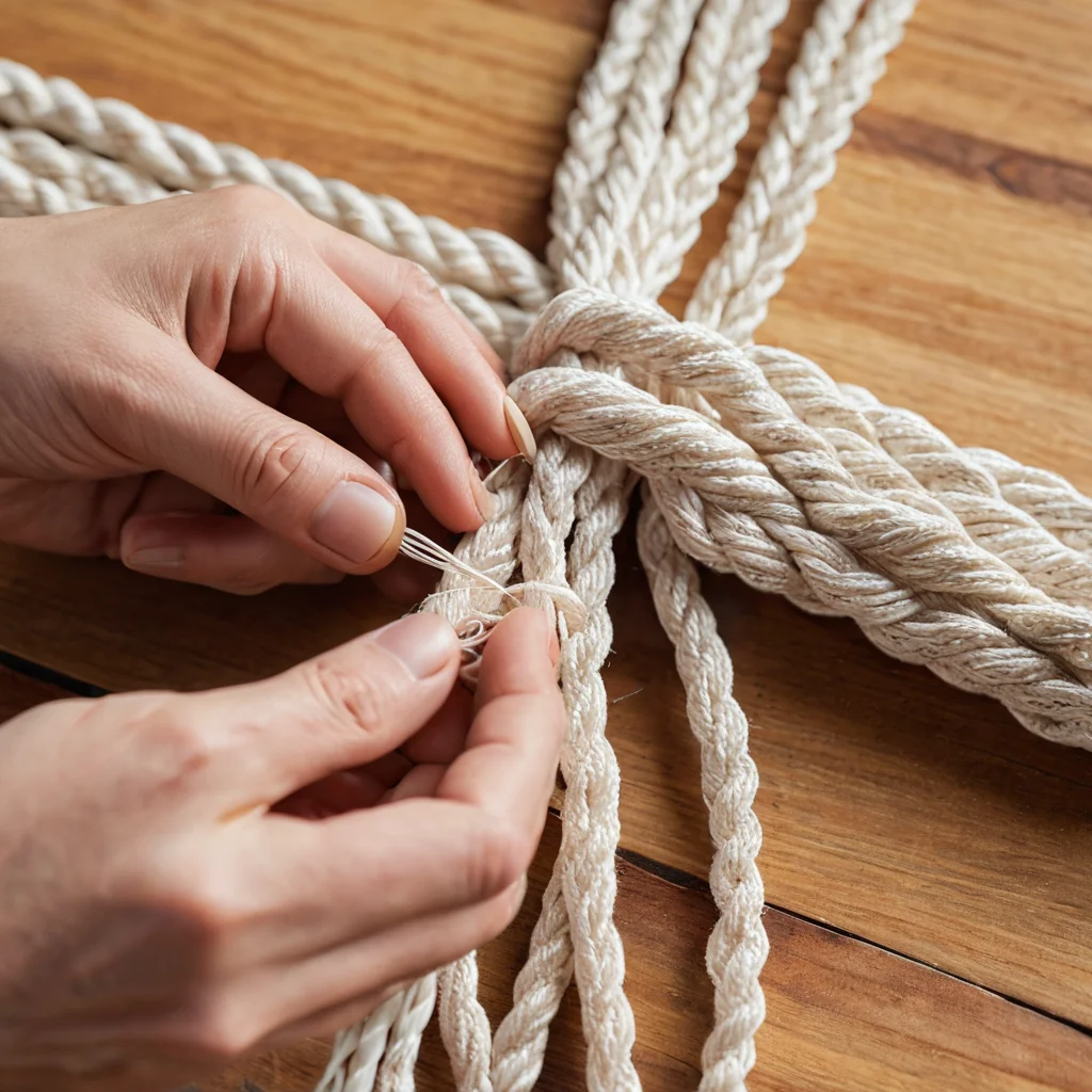 Крупный план рук мастера, демонстрирующего процесс завязывания базовых узлов макраме, таких как квадратный или репсовый узел, на натуральном хлопковом шнуре, закрепленном на деревянной палке, показывающий пошаговую инструкцию по освоению основ узелкового плетения для создания макраме-панно.