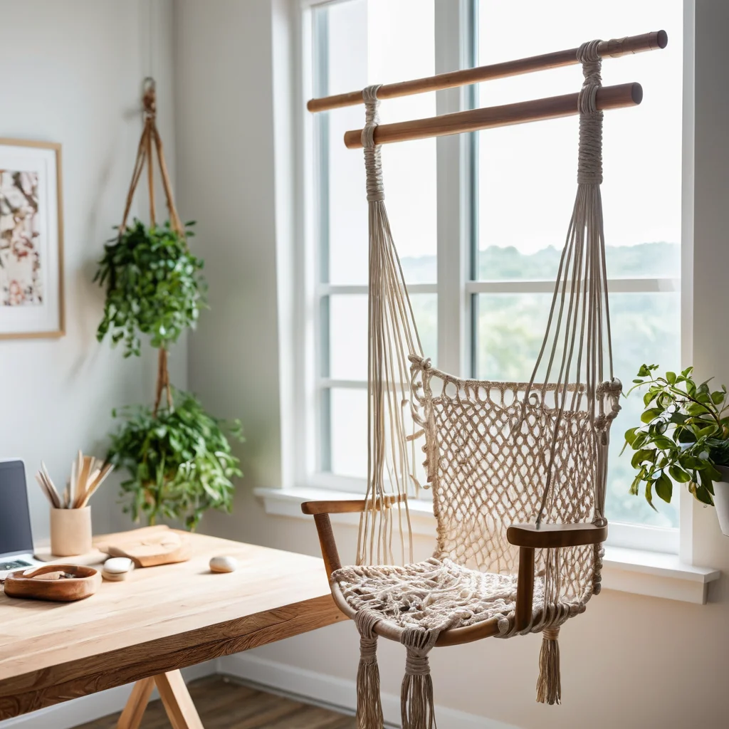 Идеально организованное рабочее место для плетения макраме, включающее чистую поверхность, надёжно закреплённую основу для панно, хорошее естественное освещение, удобный стул и аккуратно разложенные инструменты, демонстрирующее подготовку мастера к безопасной и продуктивной работе над макраме-панно.