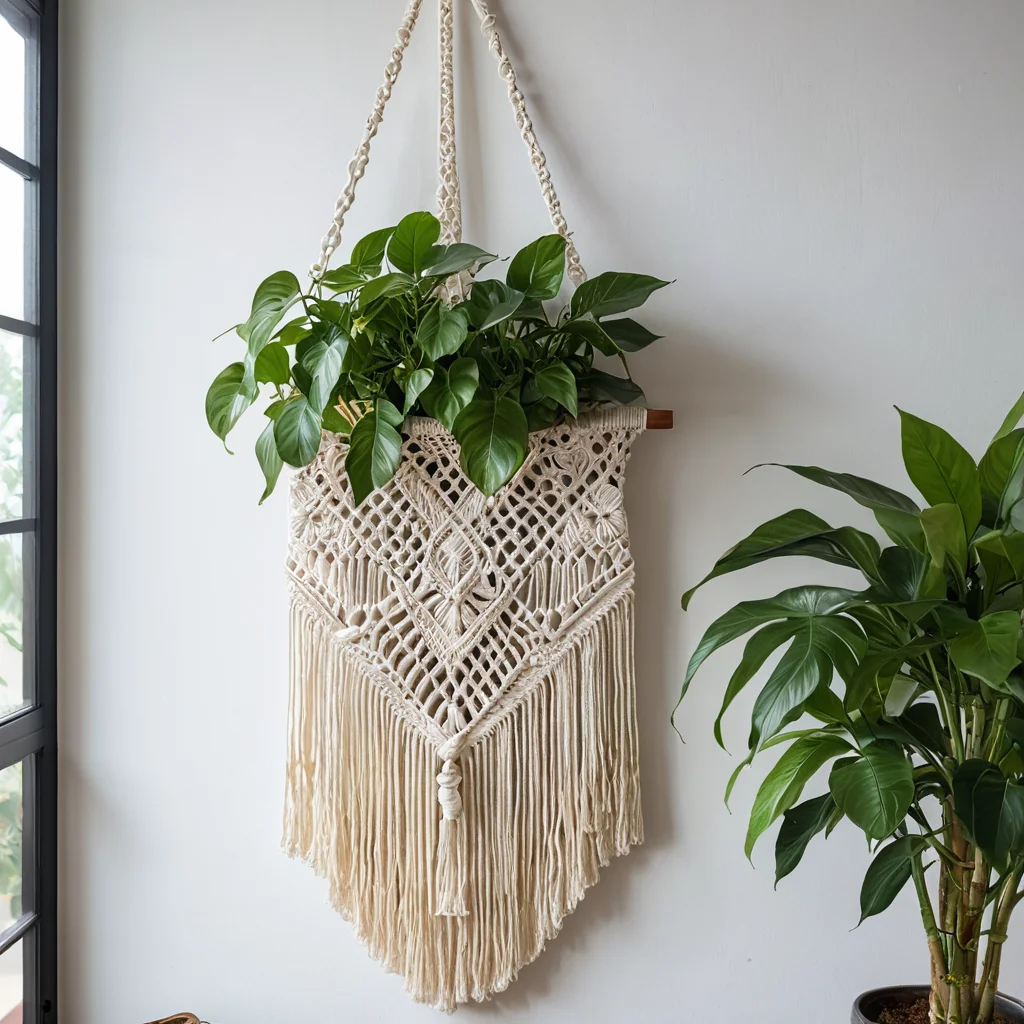 Красивое готовое макраме-панно, висящее в стильном современном интерьере, окруженное комнатными растениями и элементами бохо-декора, демонстрирующее его эстетическую ценность и вдохновение для дальнейшего творчества в узелковом плетении, а также важность ухода за изделиями макраме.