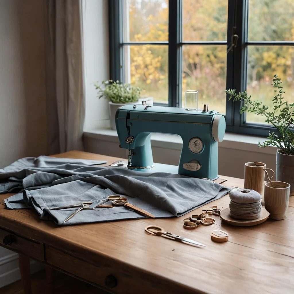 Стол с аккуратно разложенными швейными инструментами: портновскими ножницами, линейкой, булавками и мелком, на фоне ткани с разметкой для точного раскроя декоративной наволочки.