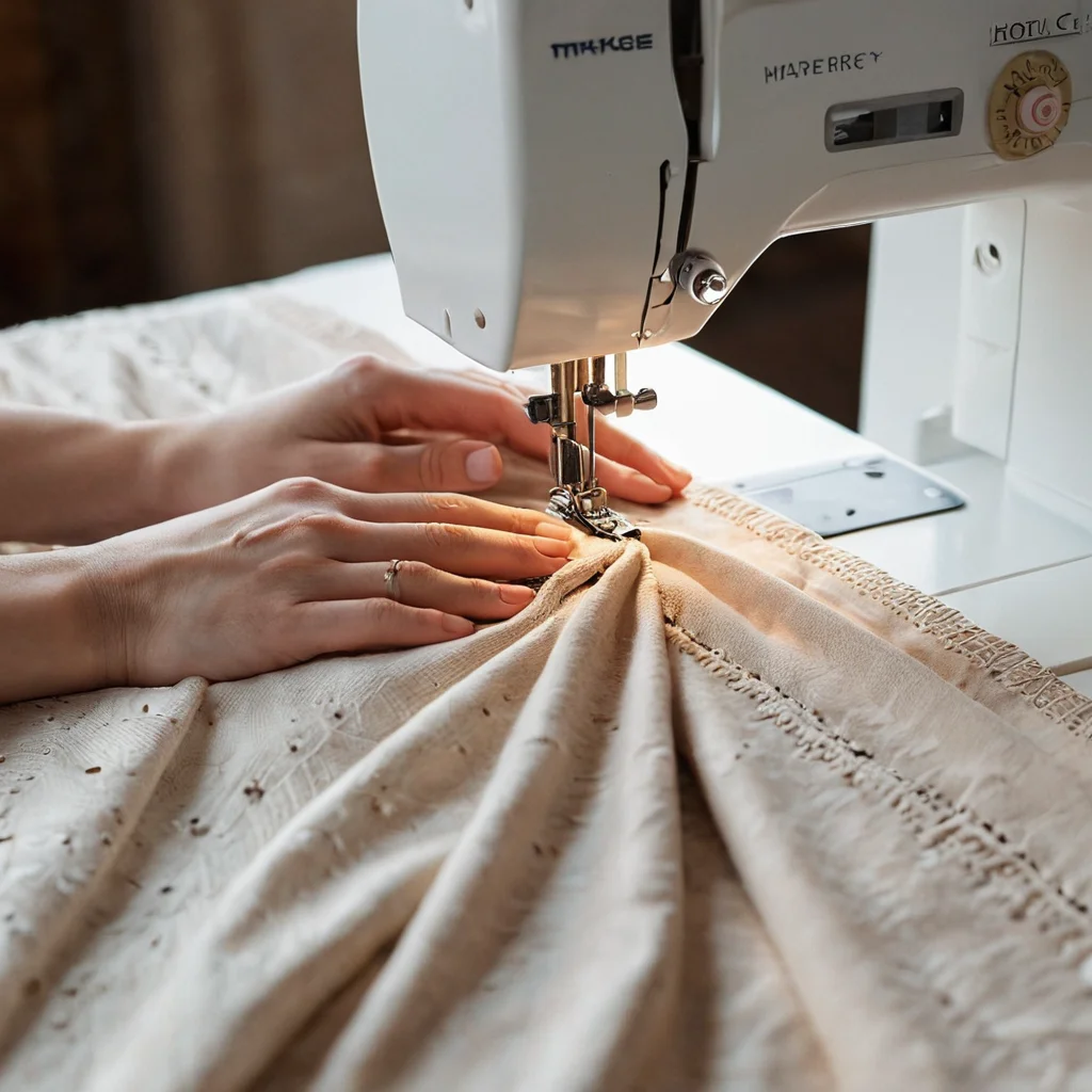 Крупный план рук мастера, аккуратно вшивающего потайную молнию в ткань декоративной наволочки на швейной машине, с акцентом на точность разметки и качество финального шва.