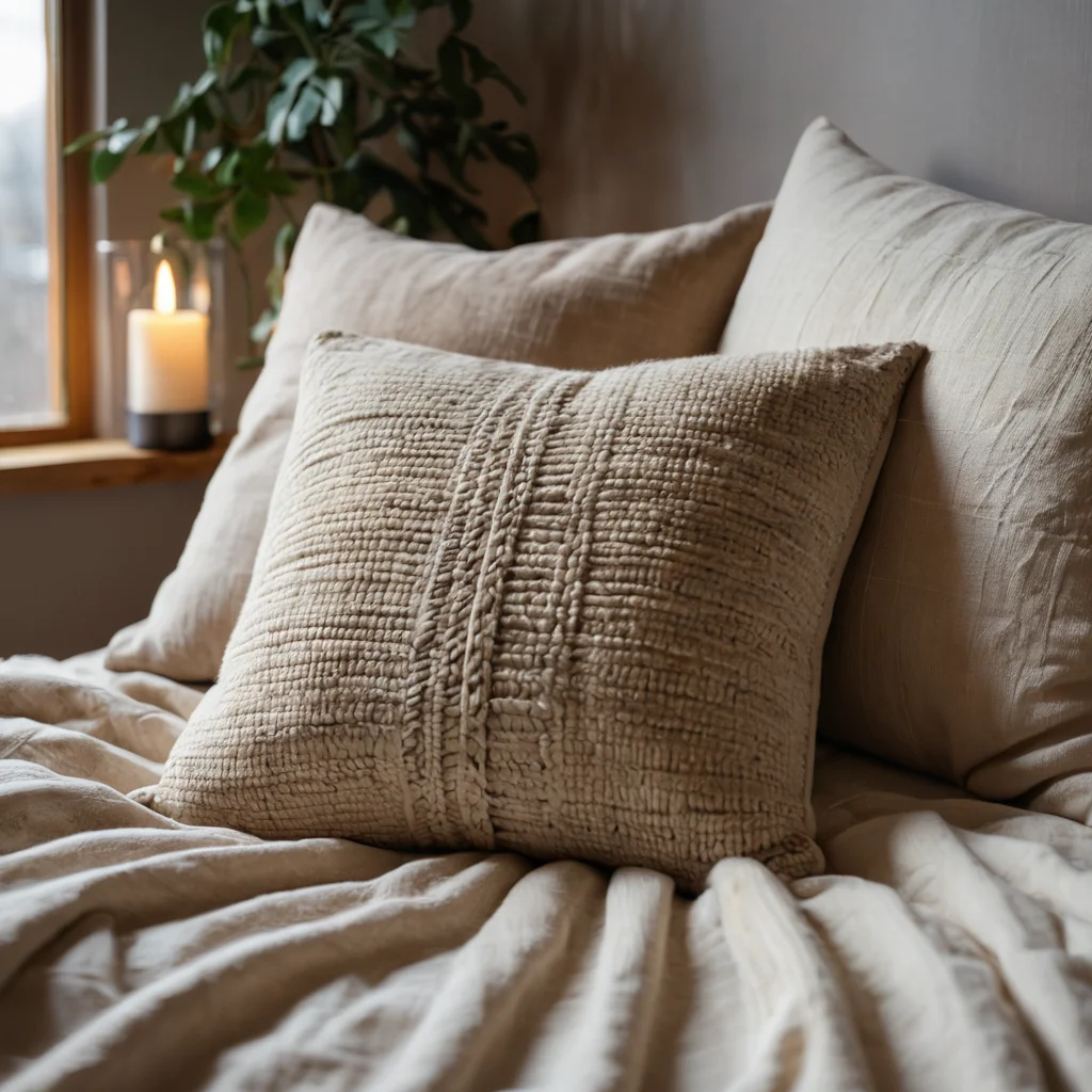 Крупный план декоративной подушки ручной работы, лежащей на диване, символизирующей уют и философию домашнего комфорта, с акцентом на фактуру ткани и каждую нить как часть творческого холста.
