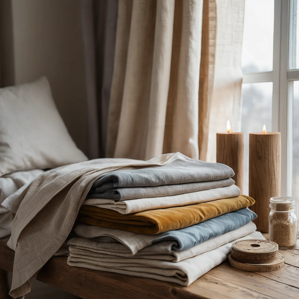 Разложенные образцы тканей — льна, хлопка, бархата — и потайная молния, демонстрирующие процесс выбора материалов для создания декоративной наволочки с акцентом на фактуру и надежность.