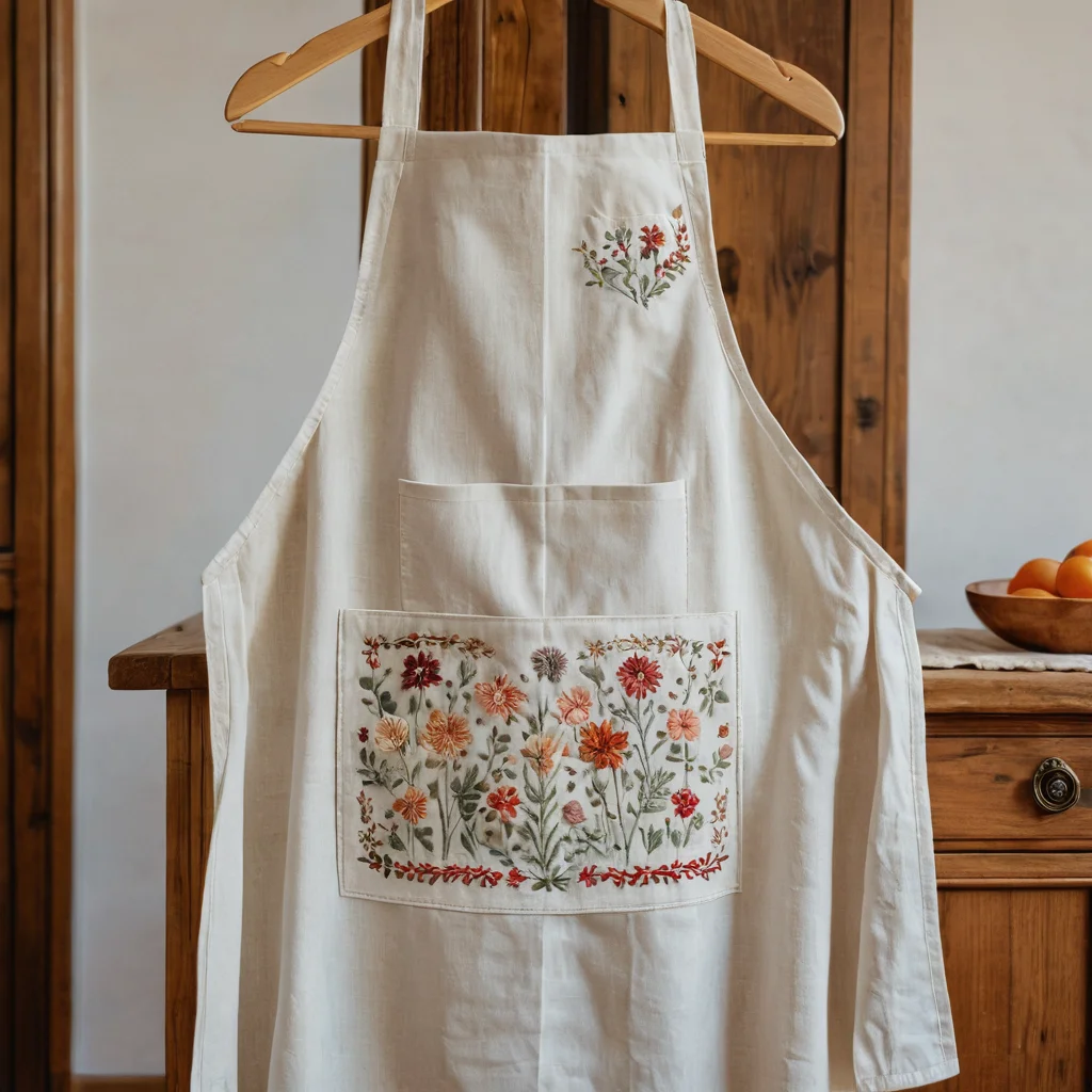 Аккуратно сложенный персонализированный фартук для труда с тонкой вышивкой или декоративной нашивкой, демонстрирующий идеи по уходу и индивидуализации, чтобы изделие стало по-настоящему уникальным и долговечным.
