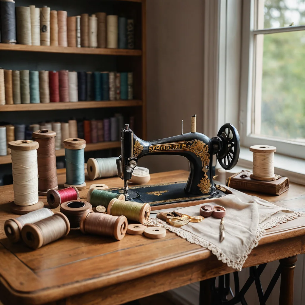 Аккуратно организованное рабочее место для шитья: винтажный деревянный стол, старинная швейная машинка, разложенные нитки, острые ножницы и подушечка для игл, готовые к процессу создания фартука для уроков труда.