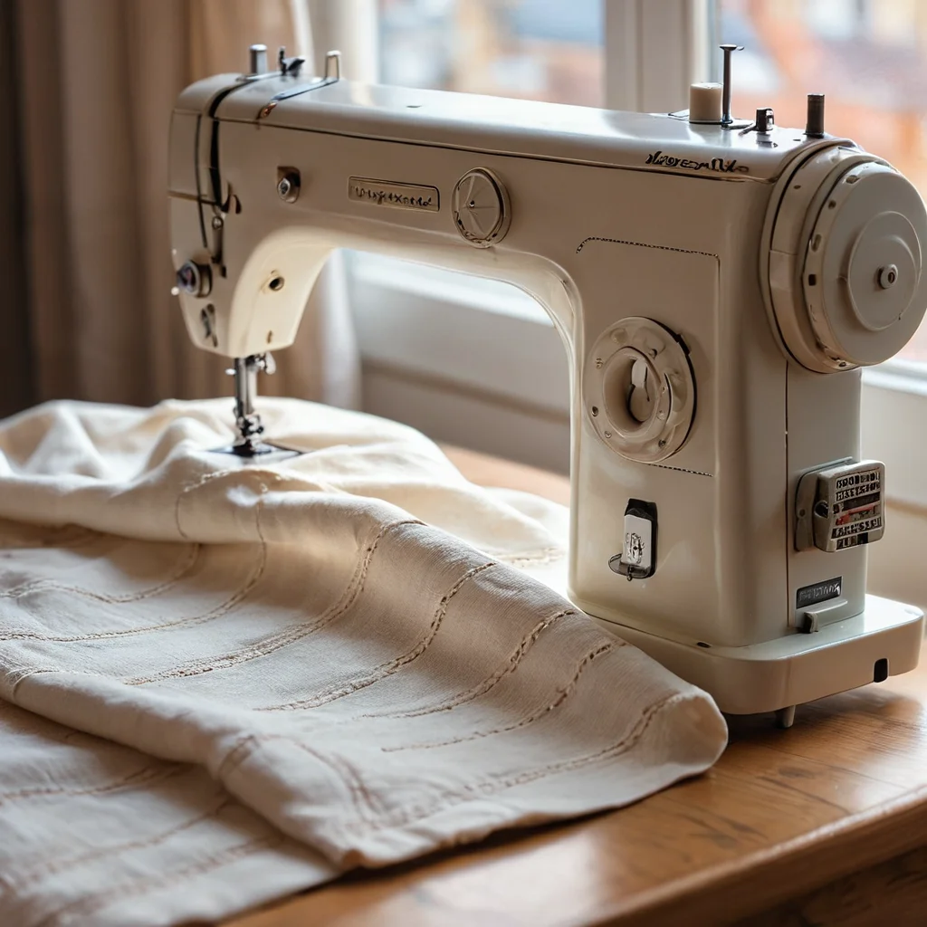 Детальный снимок иглы швейной машинки, аккуратно прошивающей основной шов, соединяя части фартука, подчеркивая процесс сборки главных деталей и формирование готового силуэта изделия.