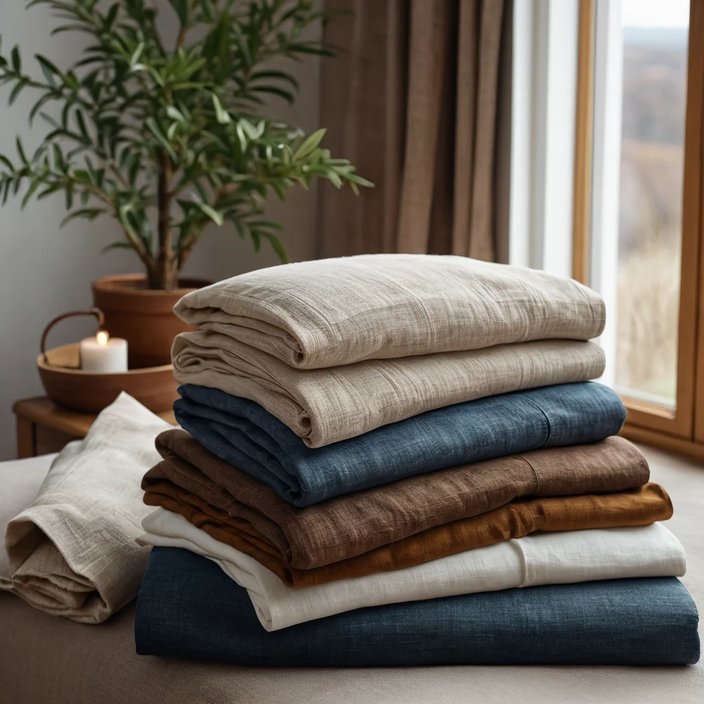Крупный план различных образцов ткани: натуральный лен, мягкий хлопок, прочный деним, аккуратно разложенных на столе, с акцентом на их уникальную текстуру и плотность, идеально подходящих для выбора материала фартука.