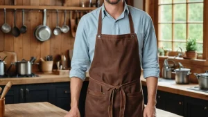 Счастливый мастер в своем новом, собственноручно сшитом фартуке, стоящий в уютной творческой мастерской, символизирующий завершение проекта и готовность к новым рукодельным вершинам.