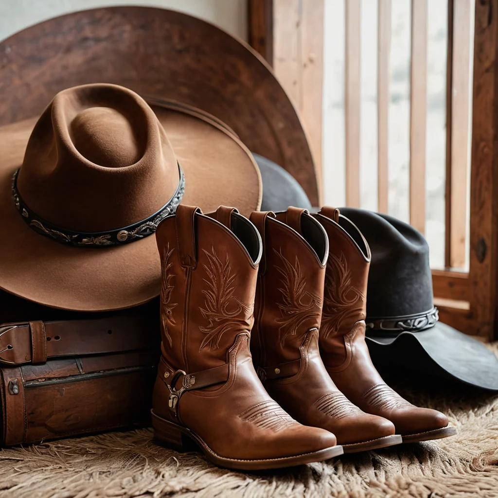 Крупный план классической ковбойской шляпы из фетра, кожаных сапог и широкого ремня с пряжкой, показывающий текстуры и детали аутентичных аксессуаров.