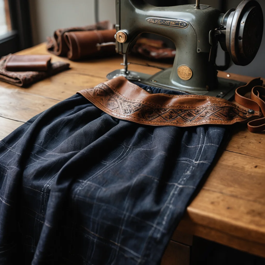 Детали процесса шитья ковбойских брюк, кожаного пояса и яркого платка, демонстрирующие мастерство и внимание к мелочам в атмосфере мастерской.