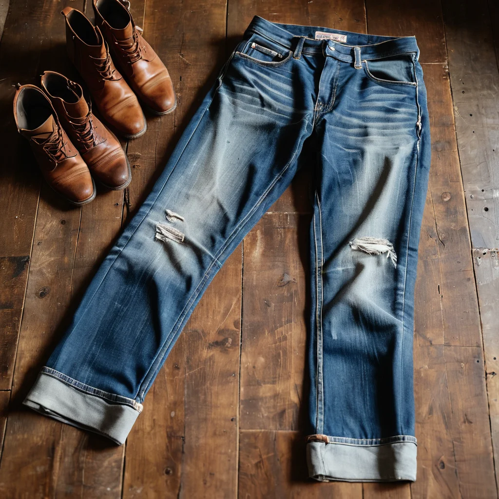 Крупный план потертых джинсов и кожаных накладок на брюки, символизирующих дух ковбоя, в атмосферной обстановке деревенской мастерской с акцентом на текстуры материалов.