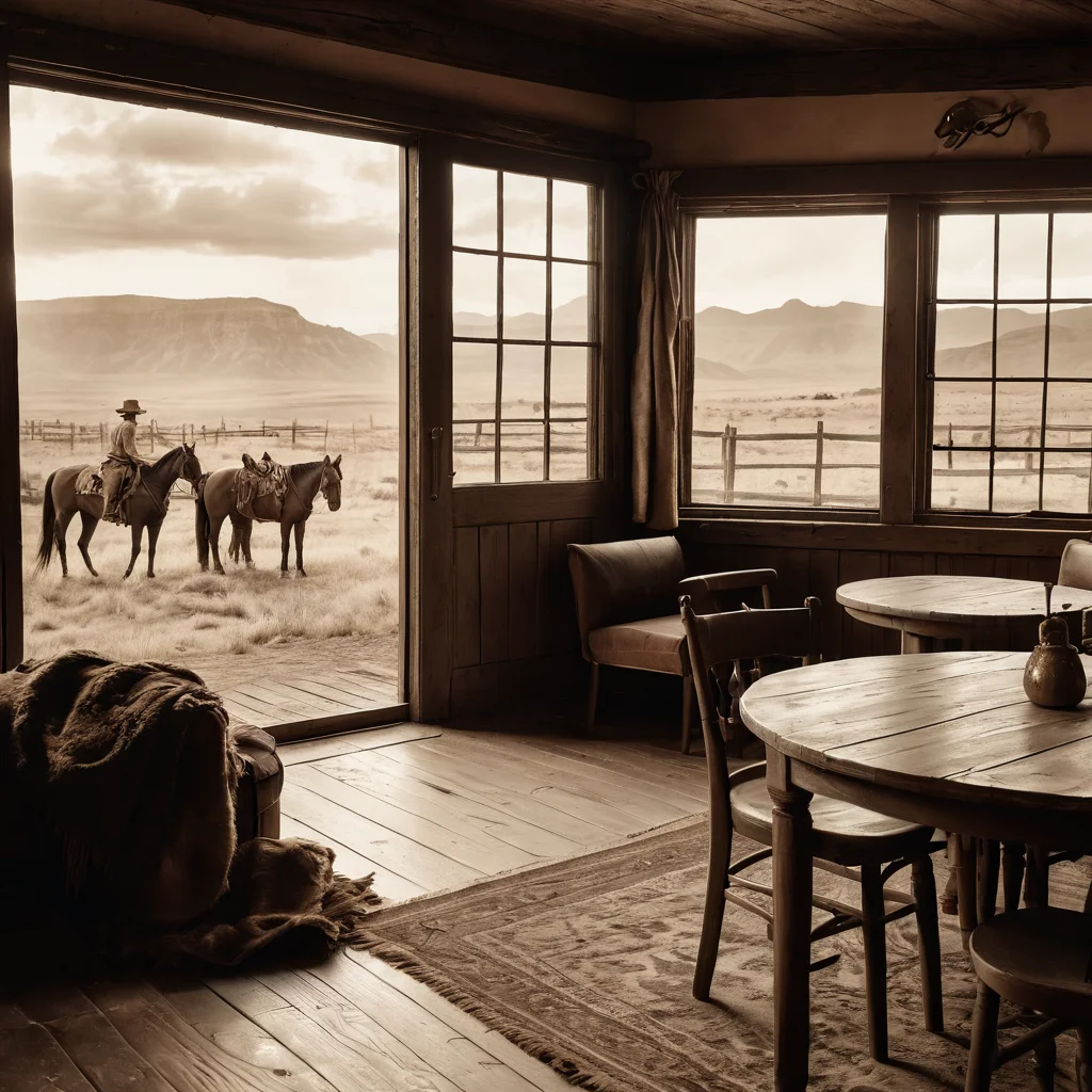 Старинная сепия-фотография ковбоев на фоне дикого запада, лошадей и салуна, передающая историческое вдохновение и атмосферу прошлого.