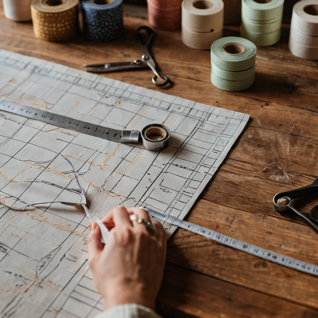 Руки мастера, чертящего выкройку на крафтовой бумаге с помощью сантиметровой ленты и мела, демонстрирующие процесс снятия мерок для ковбойского костюма.