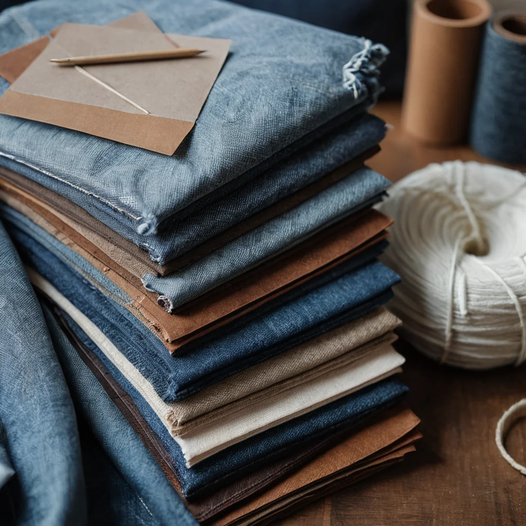 Крупный план образцов тканей: деним, кожа, холст, клетчатый хлопок, демонстрирующих палитру цветов и текстуры, идеально подходящие для пошива ковбойского костюма.