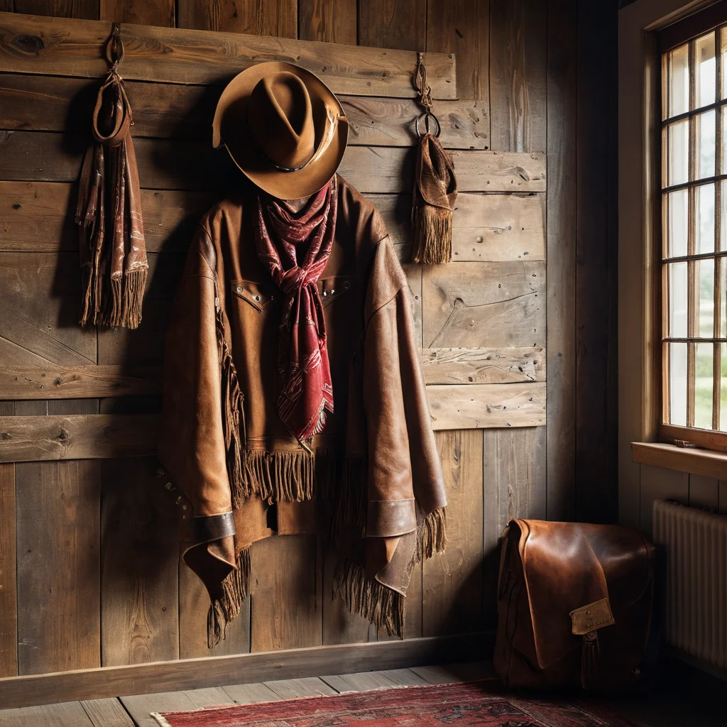 Готовый ковбойский костюм, аккуратно повешенный на фоне стены из состаренного дерева, освещенный солнечным светом, символизирующий уход и готовность к празднику.