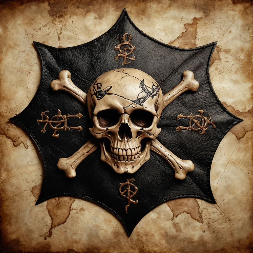 Фотореалистичное изображение, показывающее узнаваемые элементы пиратского образа: нашивку с черепом и костями, фрагмент карты, компас и потрёпанную бандану, с акцентом на текстуры и символику.